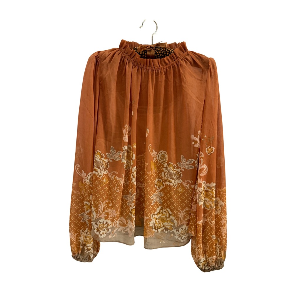 Rachel Zoe Rust Orange Floral Ruffle Neck Blouse with Camisole Liner Size Medium